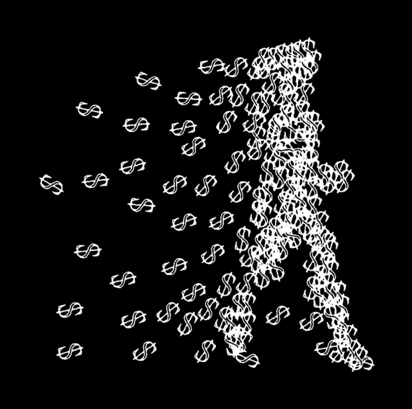 Walking figure formed from small white marks